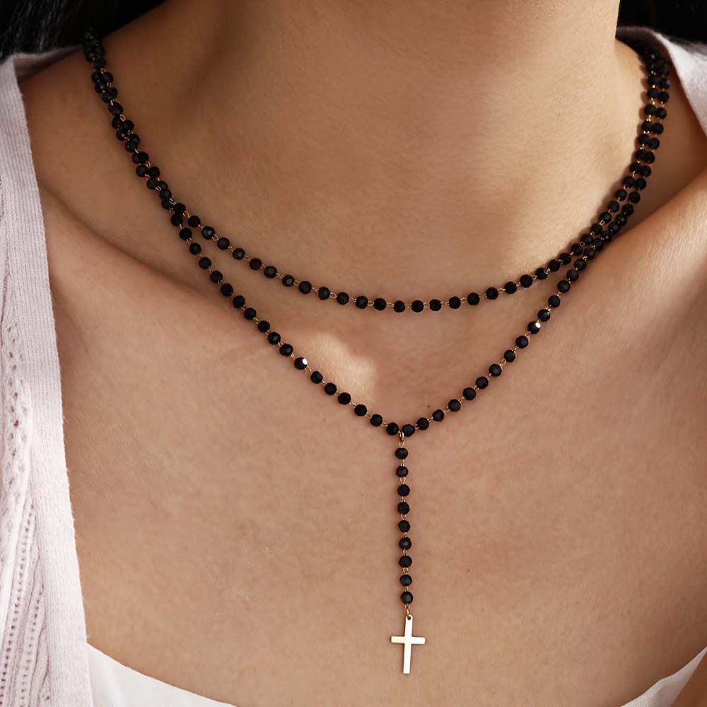 Layered Pendant Necklace Aesthetic - 고딕 스타일 이중 레이어 블랙 크리스탈