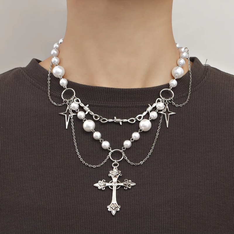 펑크 십자가 펜던트 목걸이 고딕 십자가 계층화 된 체인 - Pearl Choker Necklace Vintage 리뷰 및 가격
