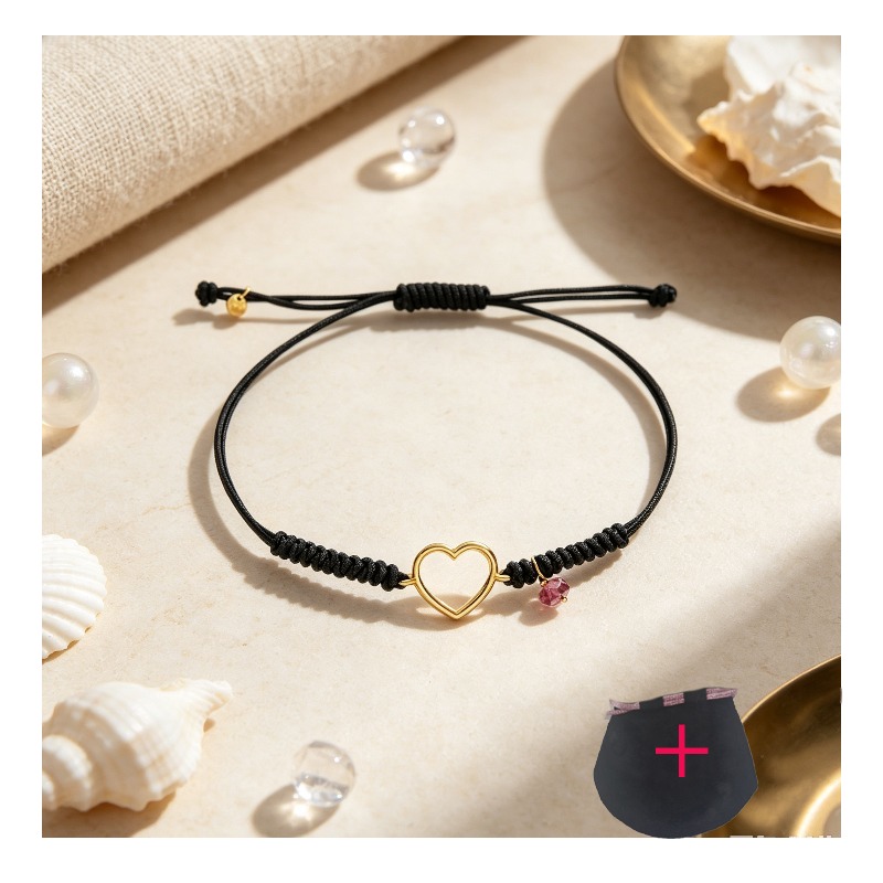 조절 가능한 블랙 스트링 팔찌, 속이 빈 골드 하트 참 - Bracelets 리뷰 및 가격