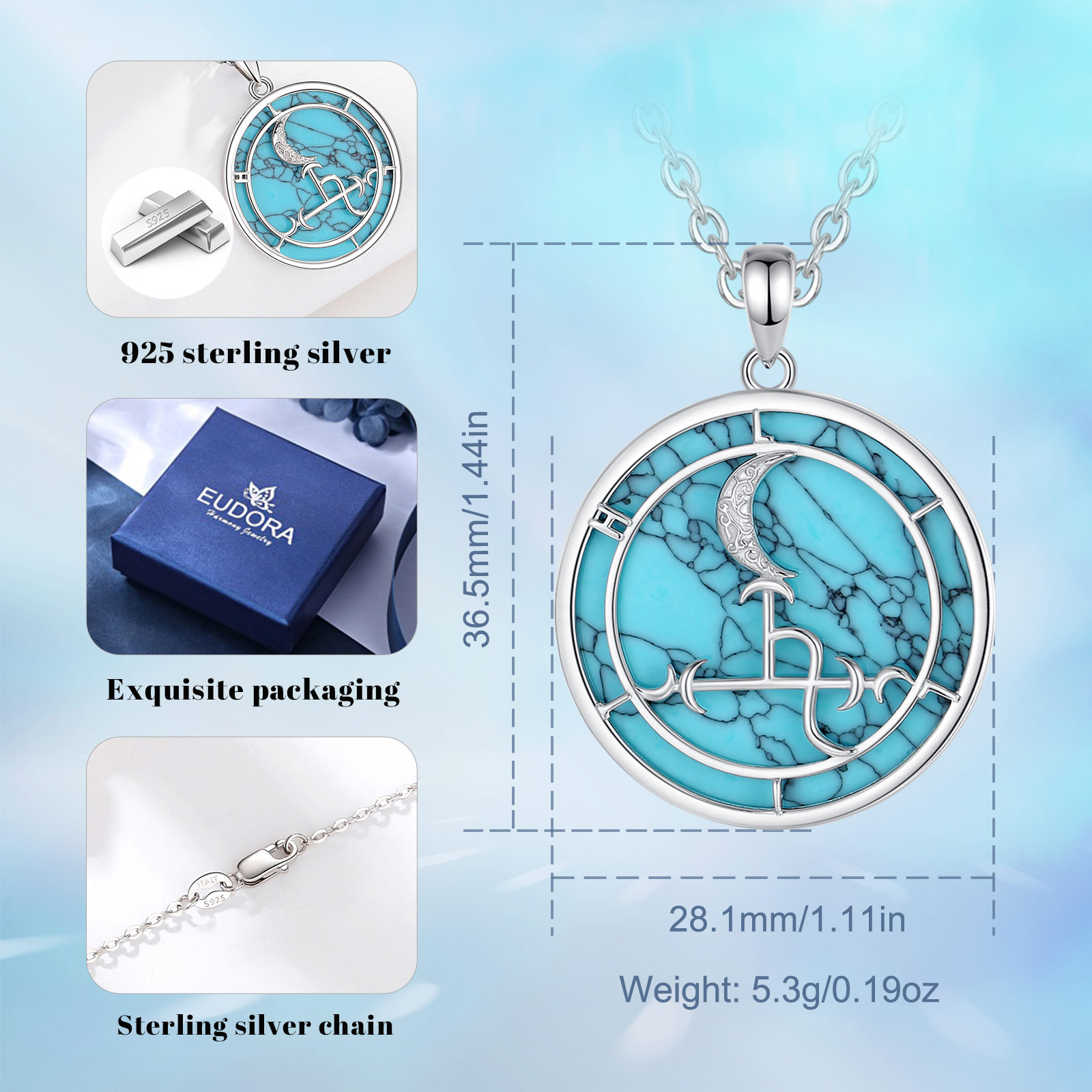 Eudora 925 스털링 실버 릴리스 달 목걸이, 청 - 925 Sterling Silver Chain Necklace Men 리뷰 및 가격