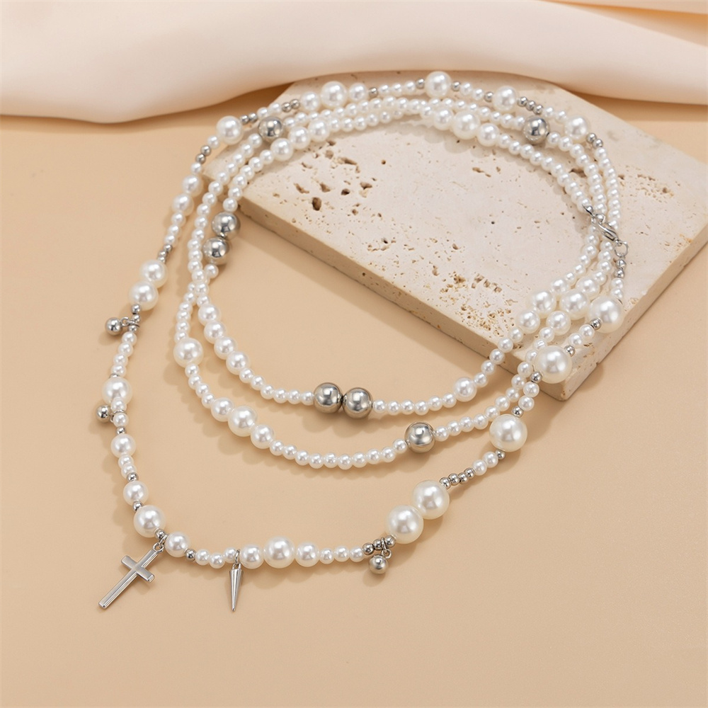 여성용 다층 모조 진주 비즈 체인 목걸이, 패션 크로스 - Layered Pendant Necklace Aesthetic 리뷰 및 가격