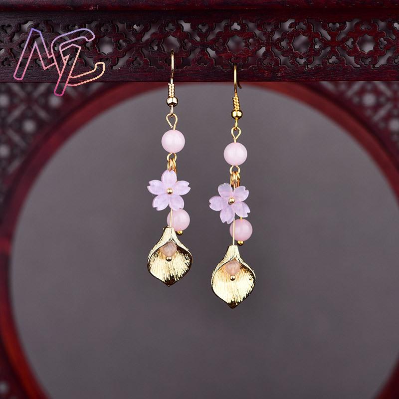 핑크 천연 옥 꽃 귀걸이 여성을위한 빈티지 선물 부적  - Earrings 리뷰 및 가격