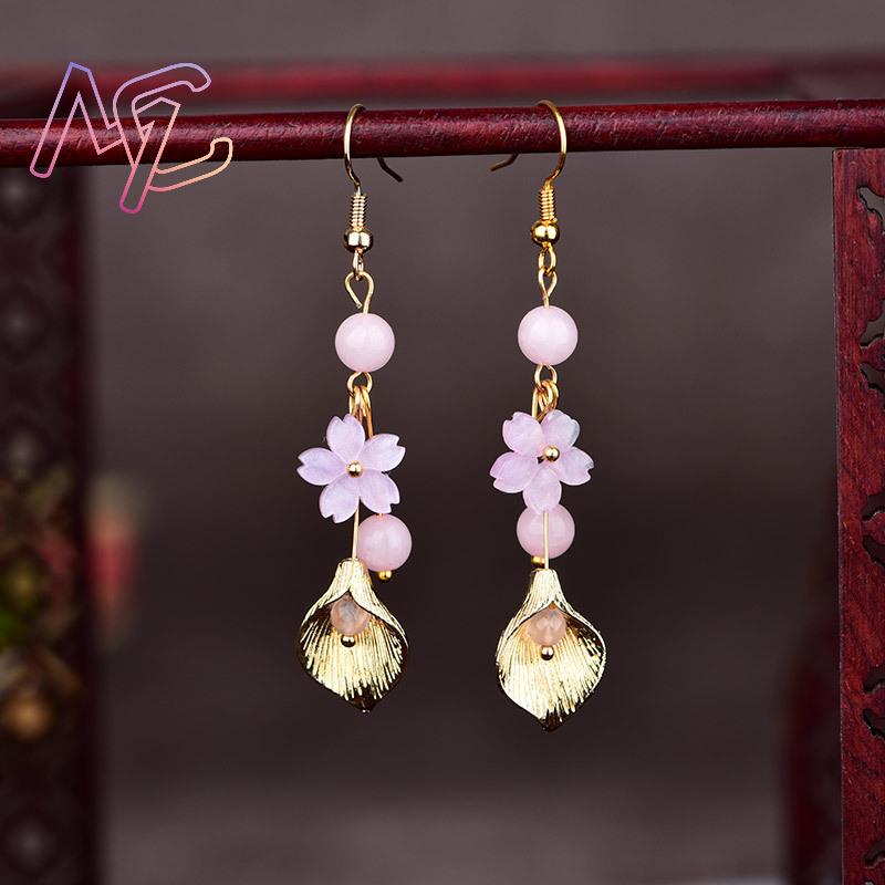 핑크 천연 옥 꽃 귀걸이 여성을위한 빈티지 선물 부적  - Earrings 리뷰 및 가격